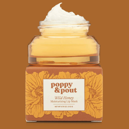 Poppy & Pout – Lip Mask - Wild Honey, front product and branded packaging