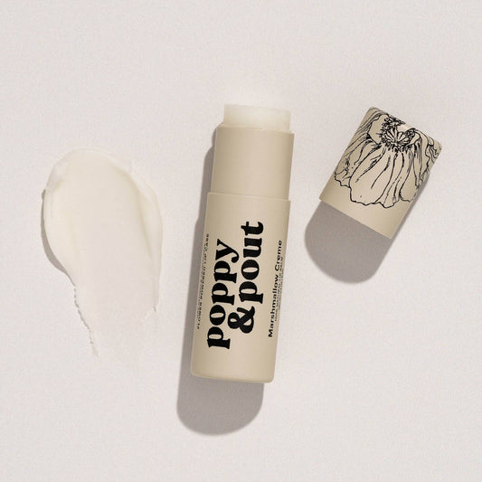 Poppy & Pout – Lip Balm - Marshmallow Creme, front product and branded packaging