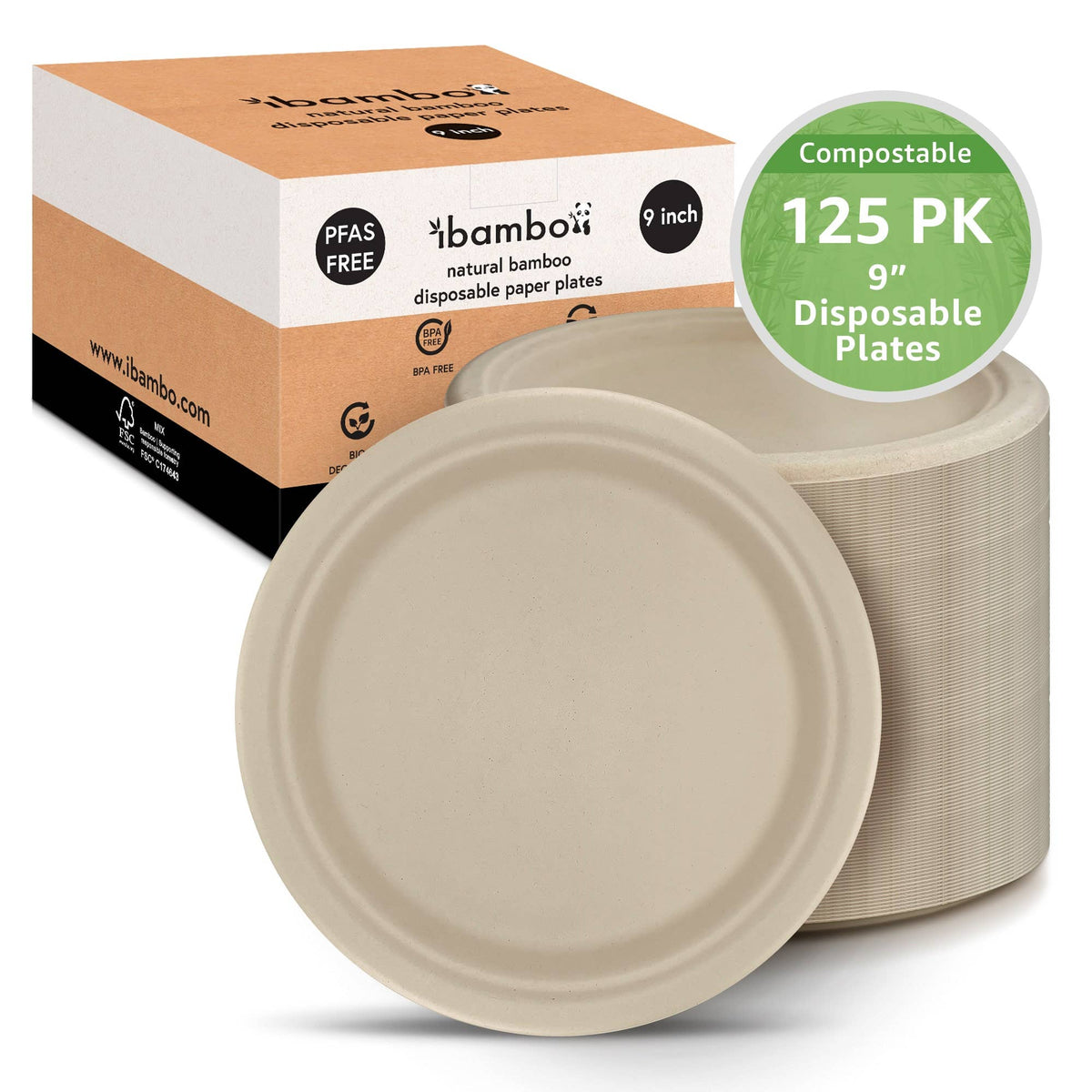 Bamboo Disposable Paper Plates - 9 Inch - 125 Pack