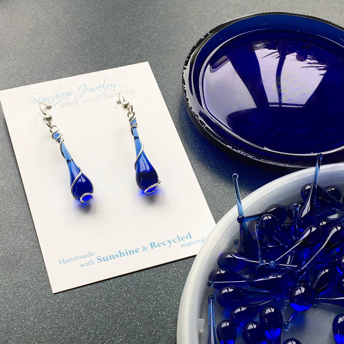 Colorful Glass Teardrop Earrings with Recycled Silver Spiral
