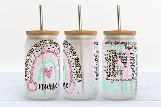 Kate Haven – Nurse Affirmation 16oz Libbey Glass Frosted Tumbler, assorted styles and colors together; bamboo material