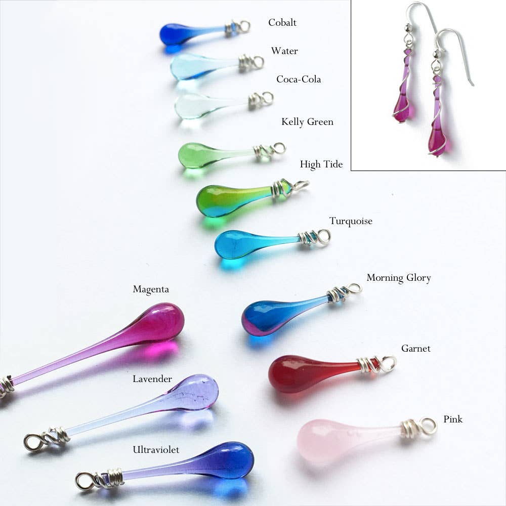 Colorful Glass Teardrop Earrings with Recycled Silver Spiral