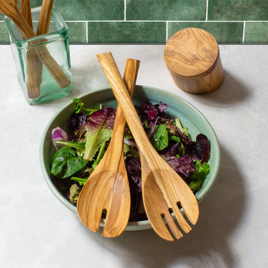 Totally Bamboo Rock & Branch® Olive Wood Salad Serving Set: salad serving piece photographed against white