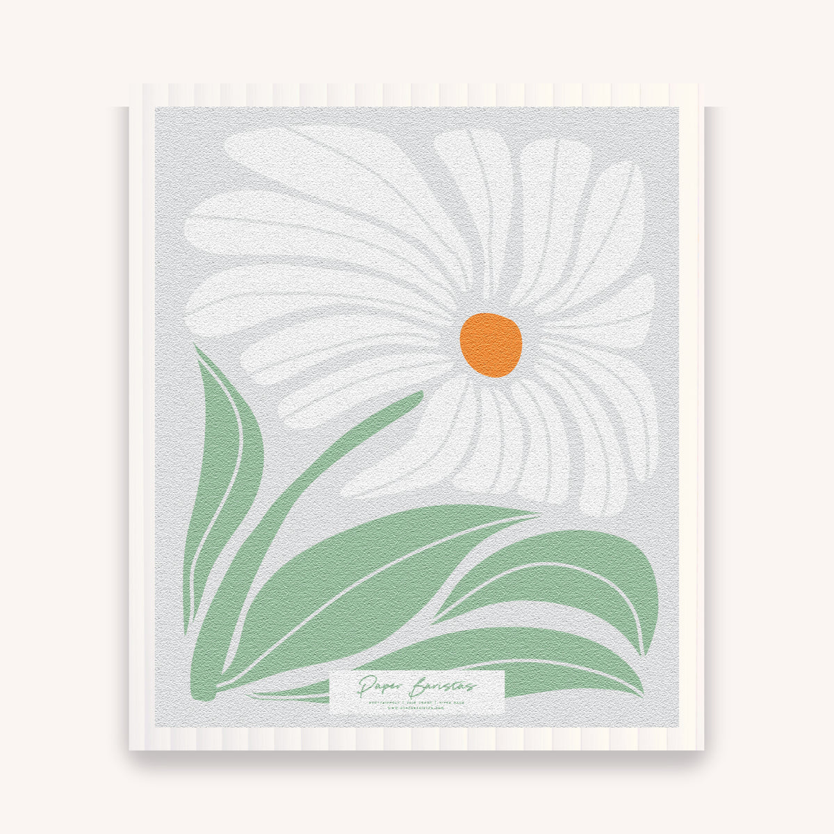 Paper Baristas compostable Swedish dishcloth set with daisies, white and green daisy print dishcloth front view