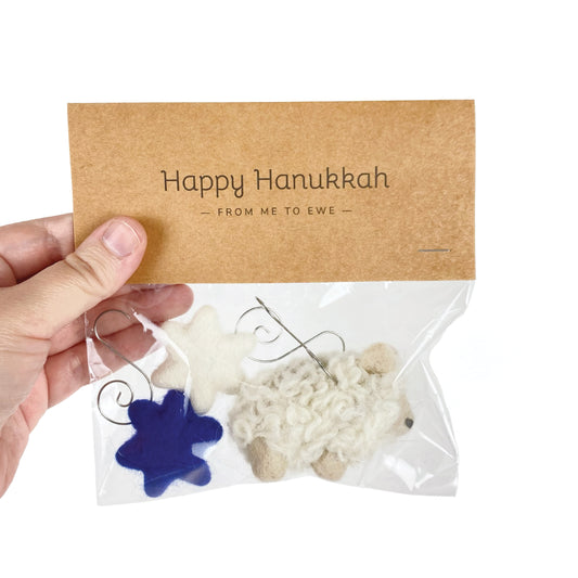 Sheep Farm Felt Ornament Gift Set Happy Hanukkah - felt Hanukkah ornament gift set in clear bag with blue star