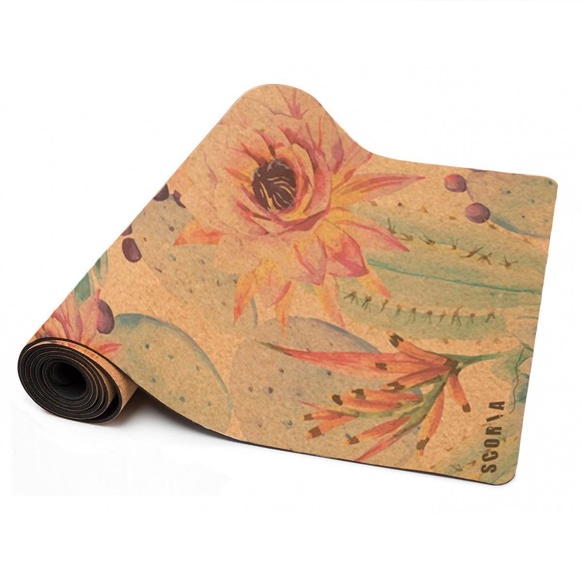 Scoria extra-thick cork botanicals yoga mat — rolled cork yoga mat with floral print visible