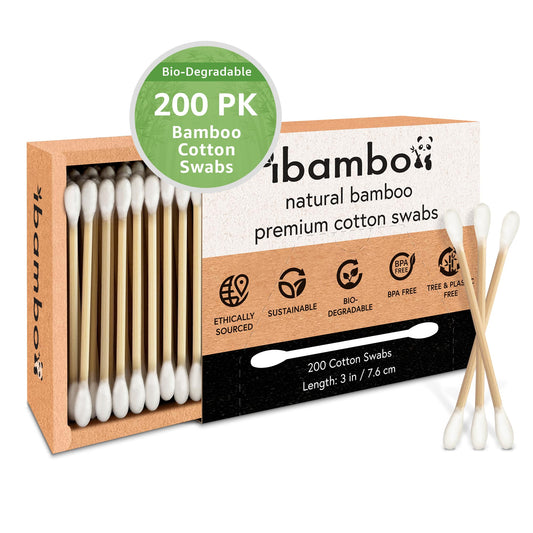 Ibambo compostable bamboo cotton swabs, 200-count box of bamboo cotton buds with paper packaging