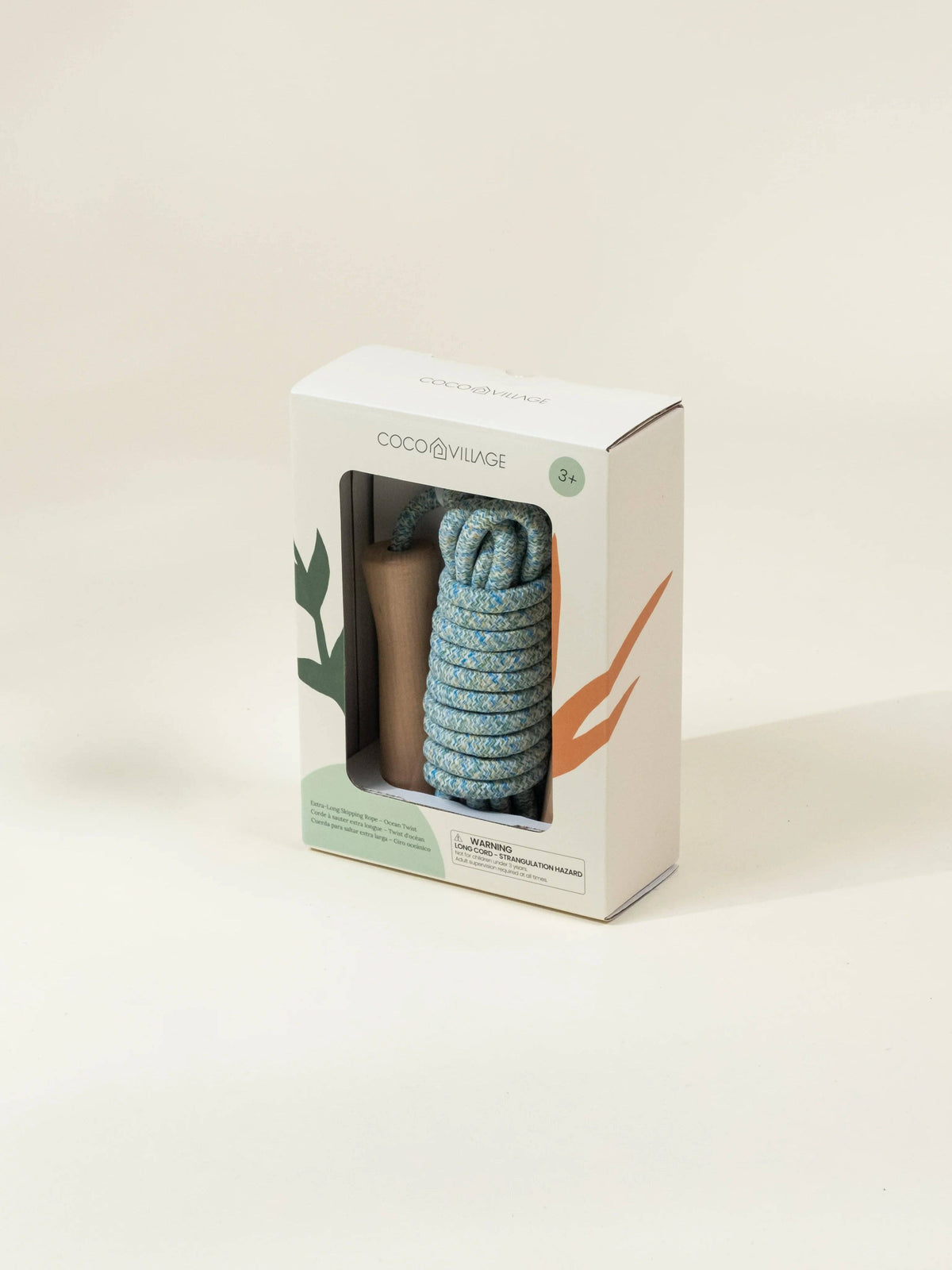Coco Village blue rope with wooden jump handles, Coco Village blue wooden-handle skipping rope in branded cardboard box