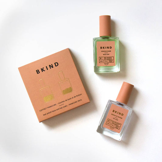 BKIND Manicure Pack - Nail Polish Duo - Base and top coats: base and top coat bottles shown; vegan, plant-based formula
