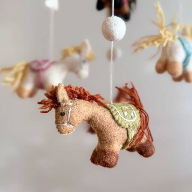 Ganapati Felt Baby Mobile - Cute Pony: colorful wool-felt pony shapes; handcrafted wool-felt figures