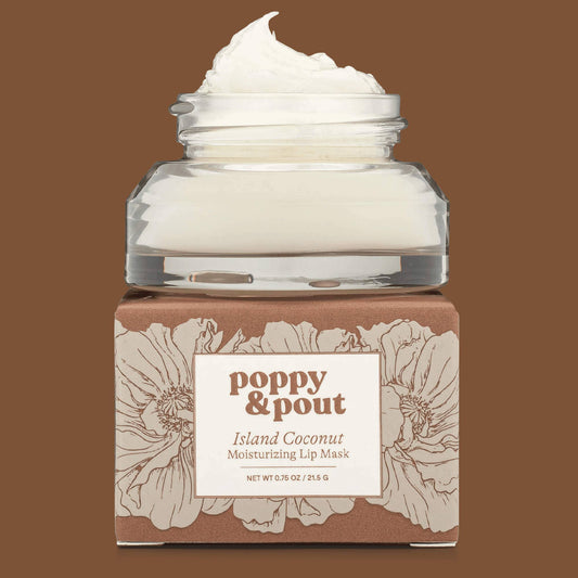 Poppy & Pout – Lip Mask - Island Coconut, front product and branded packaging