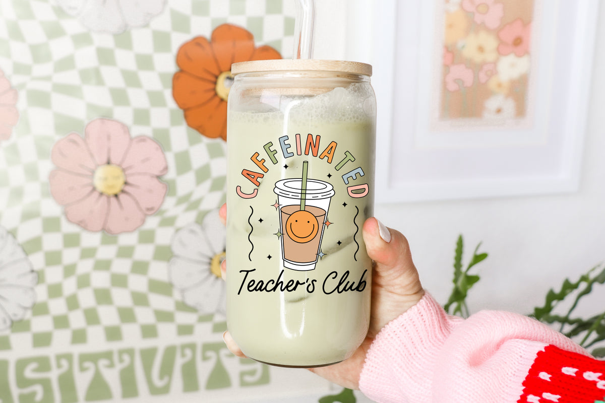 Caffeinated Teacher's Club 16 oz Glass Cup with Bamboo Lid