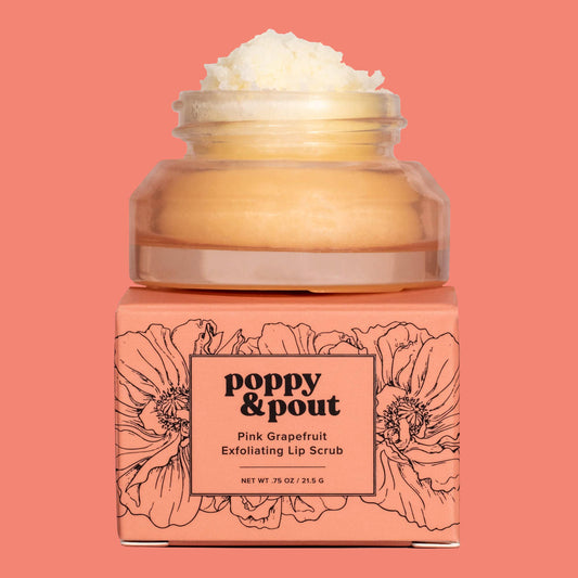 Poppy & Pout – Lip Scrub - Pink Grapefruit, front product and branded packaging
