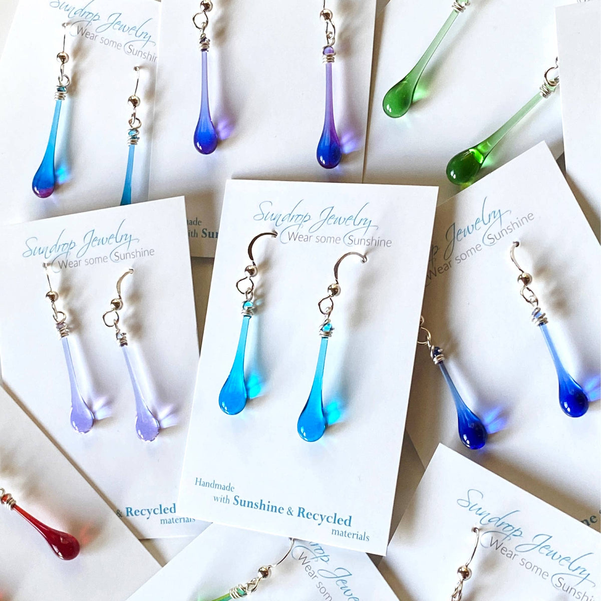 Aqua Recycled Glass Raindrop Earrings, Elegant & Ecofriendly