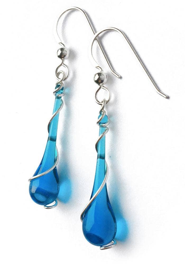 Colorful Glass Teardrop Earrings with Recycled Silver Spiral