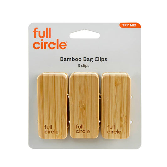 Full Circle Home reusable bamboo bag clips, bamboo food bag clips with recycled plastic parts in kraft pack