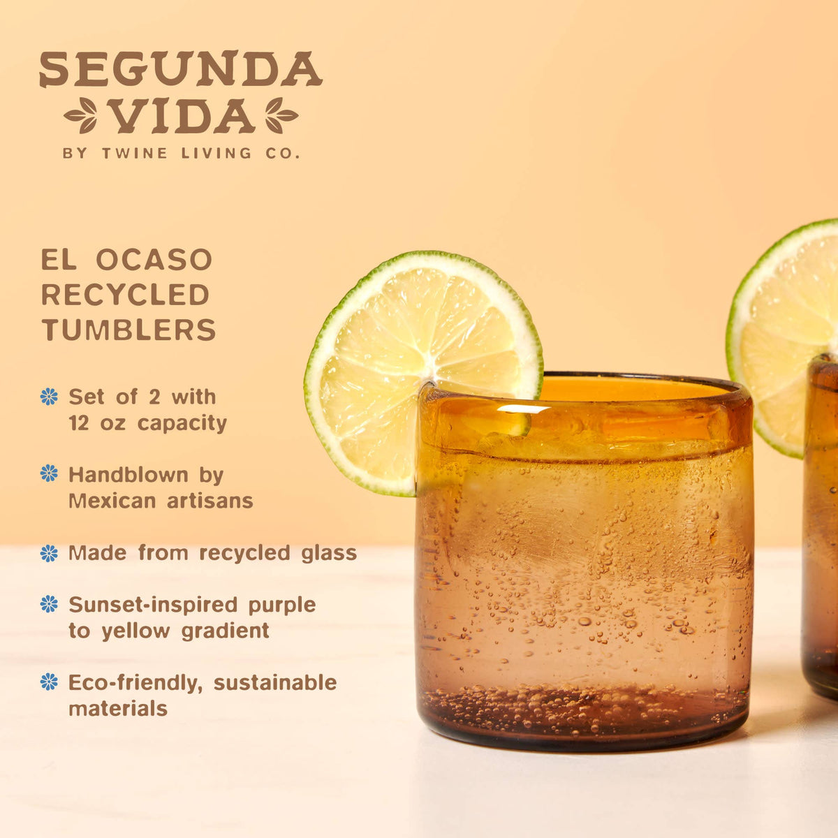 Twine – Segunda Vida El Ocaso Recycled Tumblers Set of 2, illustrated product features and benefits; recycled glass