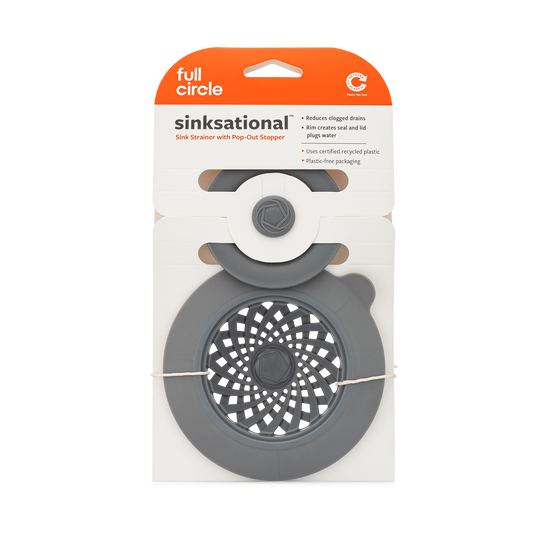 Full Circle Home Sinksationational Sink Strainer - gray sink strainer in orange hanging retail card; recycled plastic