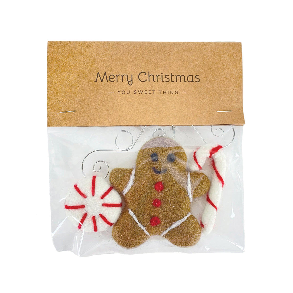 Sheep Farm Felt fair-trade felt Christmas ornament, fair-trade felt gingerbread and peppermint ornament set on kraft header
