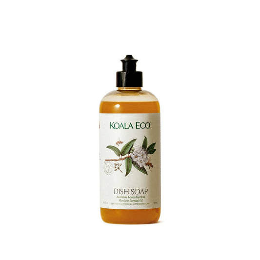 Koala Eco Koala Eco lemon myrtle and mandarin dish soap, amber pump bottle dishwashing liquid on white