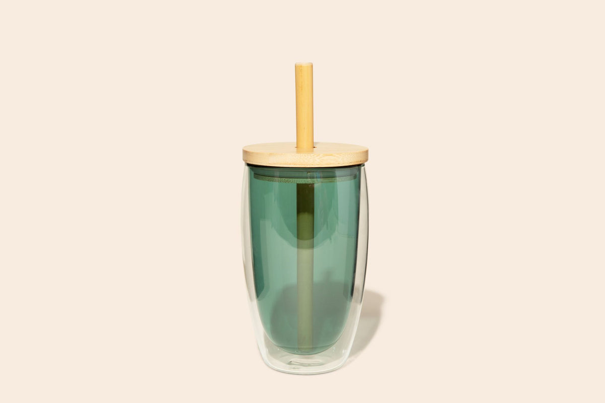Reusable Glass Tumbler Cup + Bamboo Straw