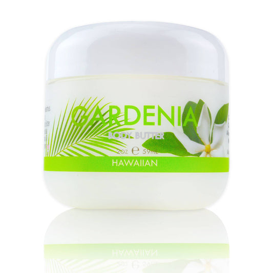 Maui Soap Co. Gardenia Body Butter with Aloe, Mac. Nut & Coconut Oil - white body butter jar with green gardenia flower label