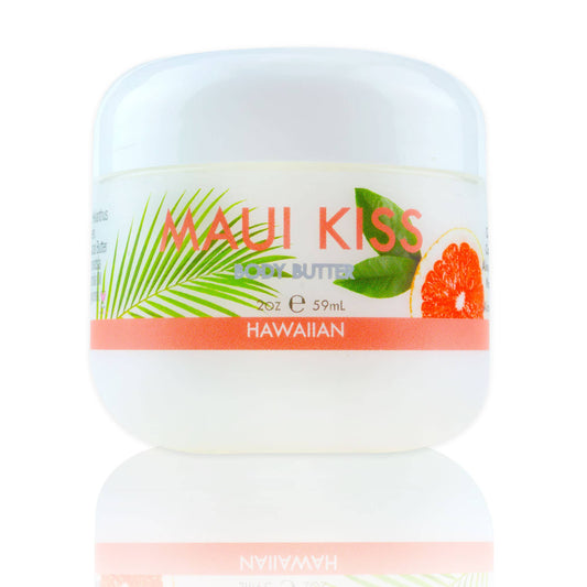 Maui Soap Co. Maui Kiss Body Butter with Aloe, Mac. Nut & Coconut Oil 2 oz: product bottle or jar with printed label