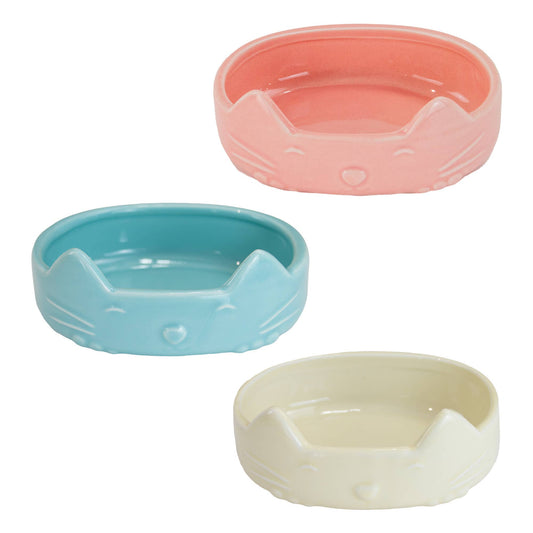 Ancol raised cat ear pet feeding dishes in pastel pink, aqua and cream color assortment