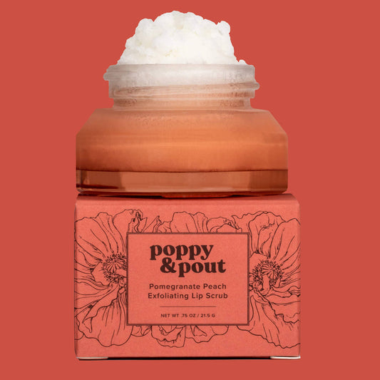 Poppy & Pout – Lip Scrub - Pomegranate Peach, front product and branded packaging
