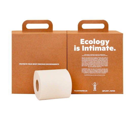 PlantPaper tree-free unbleached toilet paper 8-pack — PlantPaper eight-roll chipboard carrying carton