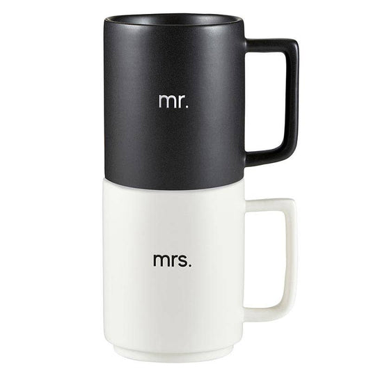 Santa Barbara Design Studio matte stackable Mr and Mrs coffee mug set: black mr mug stacked on white mrs mug on white
