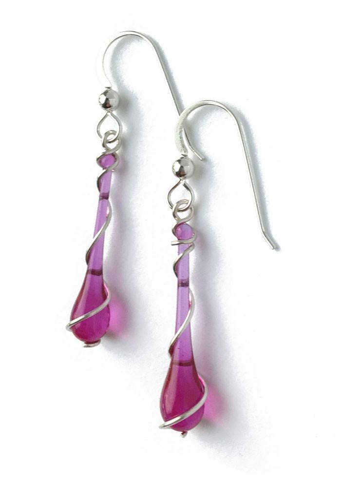 Colorful Glass Teardrop Earrings with Recycled Silver Spiral