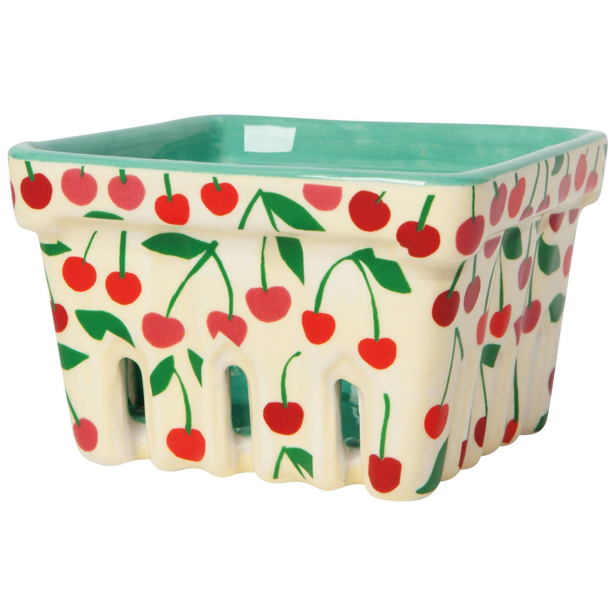 Danica Jubilee stoneware Very Cherry berry basket — white ceramic berry basket with cherry illustrations