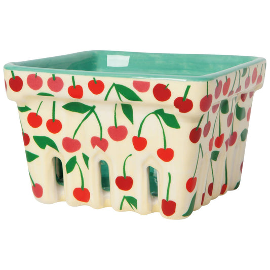 Danica Jubilee stoneware Very Cherry berry basket — white ceramic berry basket with cherry illustrations