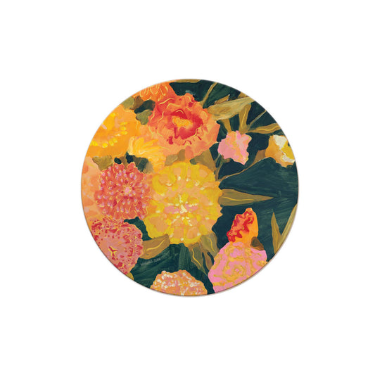 Seedlings Marigolds Coaster - round coaster covered in orange yellow marigold flowers on dark blue