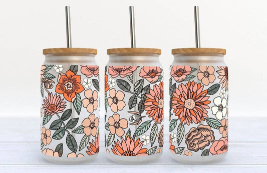 Kate Haven – Peach and Orange Floral - 16oz Libby Glass Tumbler, assorted styles and colors together; bamboo cup lid
