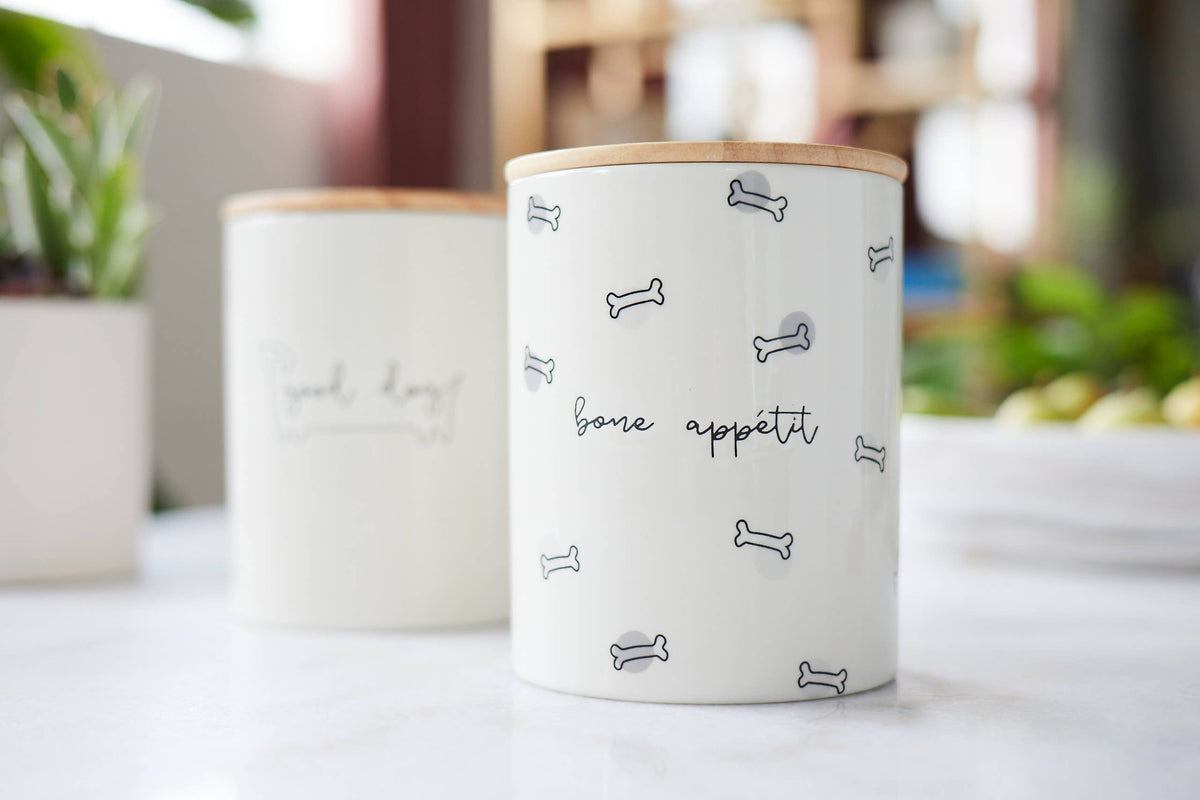 Bone Appétit Ceramic Dog Treat Jar with Wooden Lid
