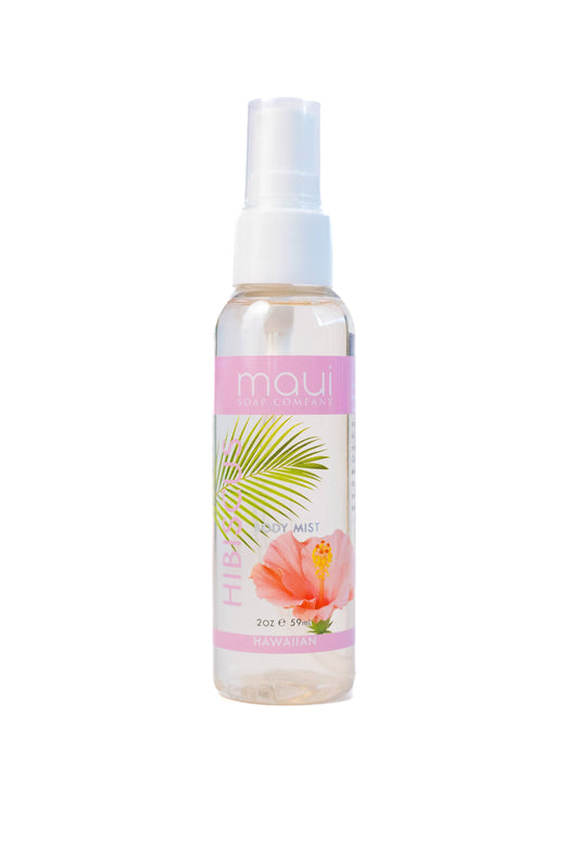 Maui Soap Co. Hibiscus Hawaiian Body Mist - Alcohol-Free & Hydrating - pink hibiscus body mist spray bottle front