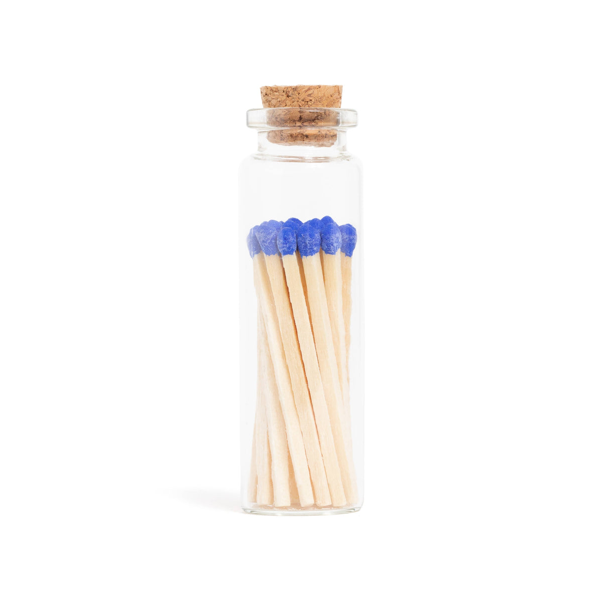 Enlighten the Occasion Royal Blue Matches in Small Corked Vial - clear corked glass vial containing blue tipped matches