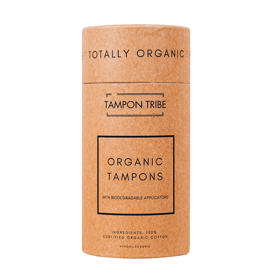 Tampon Tribe Organic Tampons - 14 Super: organic tampon carton front view; GOTS-certified organic cotton