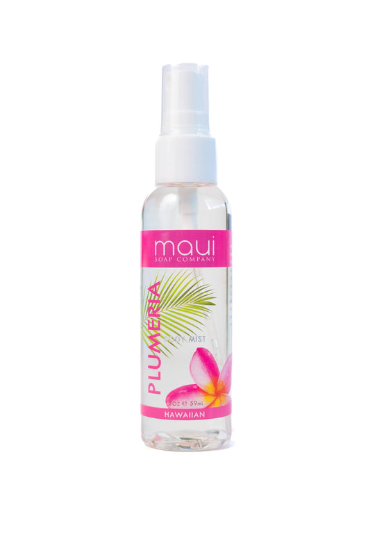 Maui Soap Co. Plumeria Hawaiian Body Mist - Alcohol-Free & Hydrating: printed spray bottle shown upright
