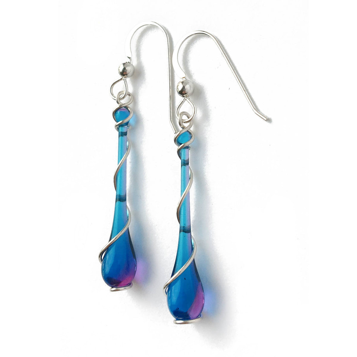 Colorful Glass Teardrop Earrings with Recycled Silver Spiral