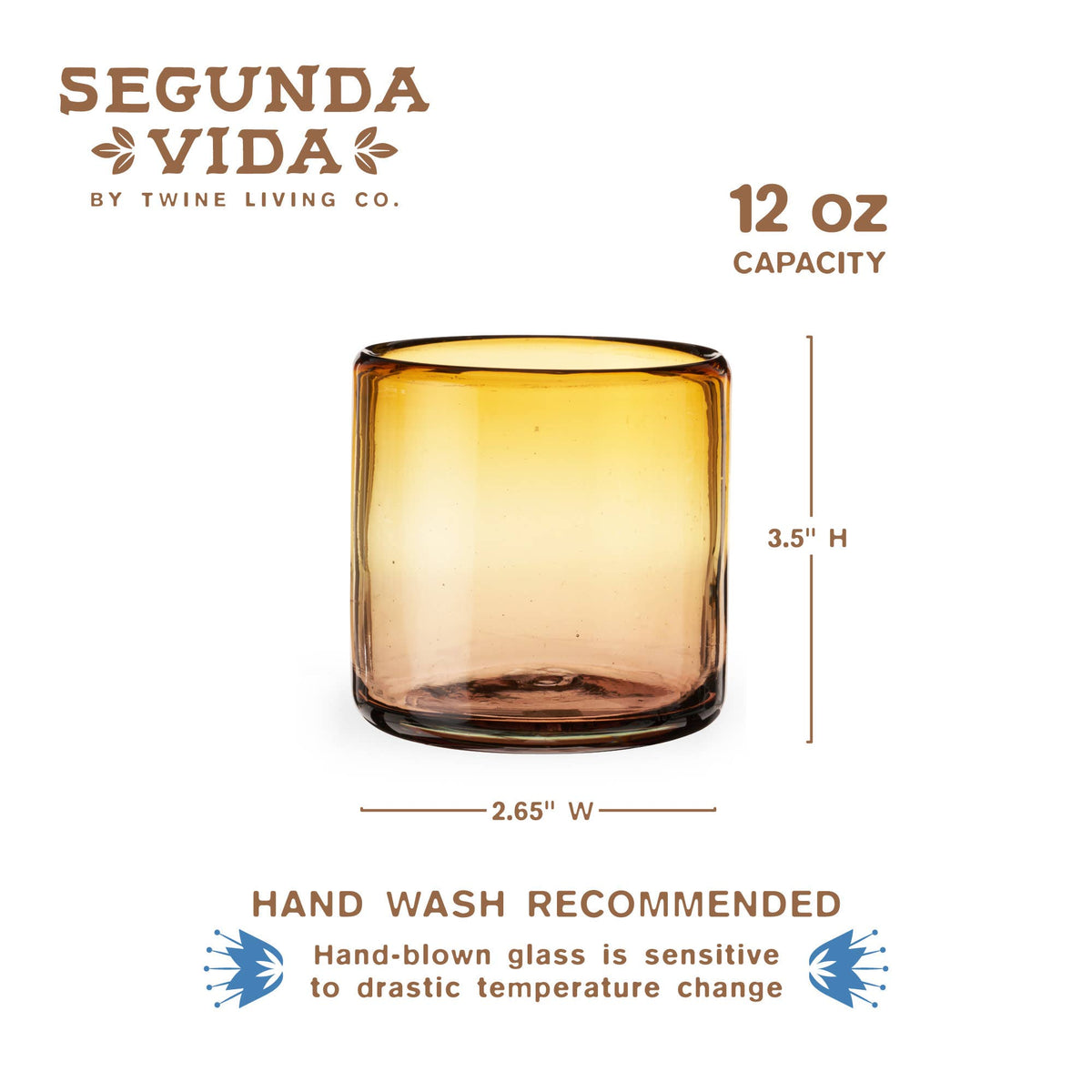 Twine – Segunda Vida El Ocaso Recycled Tumblers Set of 2, illustrated product-benefits graphic; recycled glass