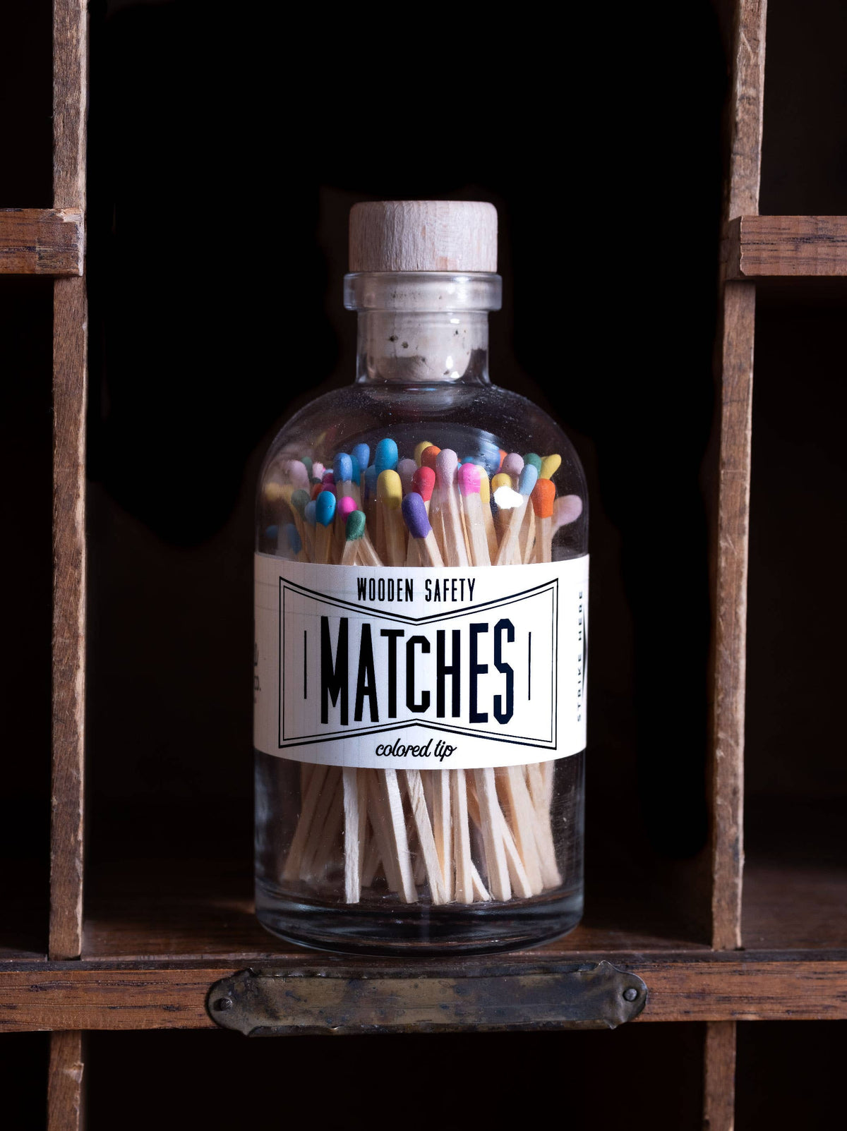 Made Market Co. – Vintage Apothecary Variety Matches, in a styled home decor scene; cork-topped match jar