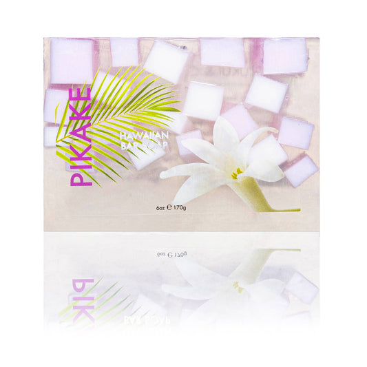 Maui Soap Co. Pikake Bar Soap with Kukui & Coconut Oil 6oz - pale pink and white pikake flower soap wrapper front; vegan