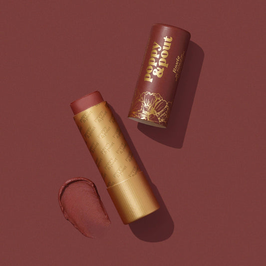Poppy & Pout – Lip Tint - Roxie, front product and branded packaging