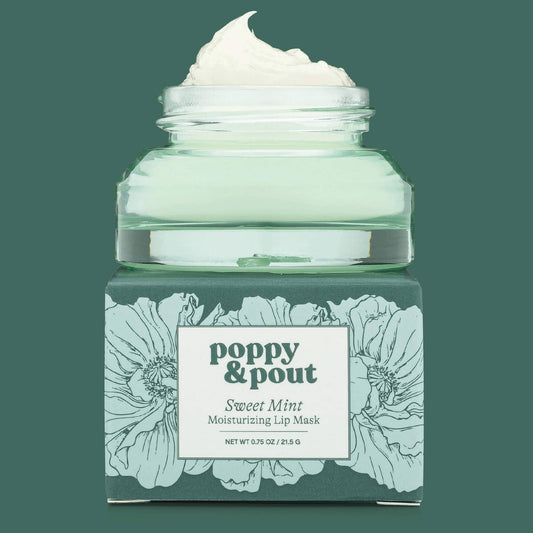 Poppy & Pout – Lip Mask - Sweet Mint, front product and branded packaging