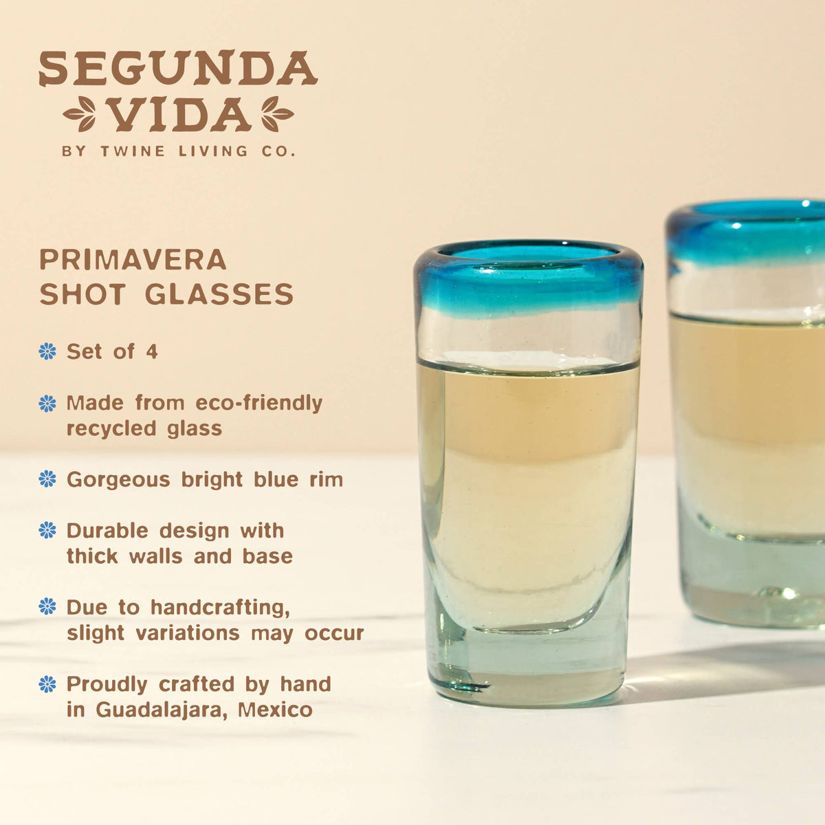 Twine – Primavera Hand Blown Recycled Glass Shot Glasses Set of 4, illustrated product-benefits graphic