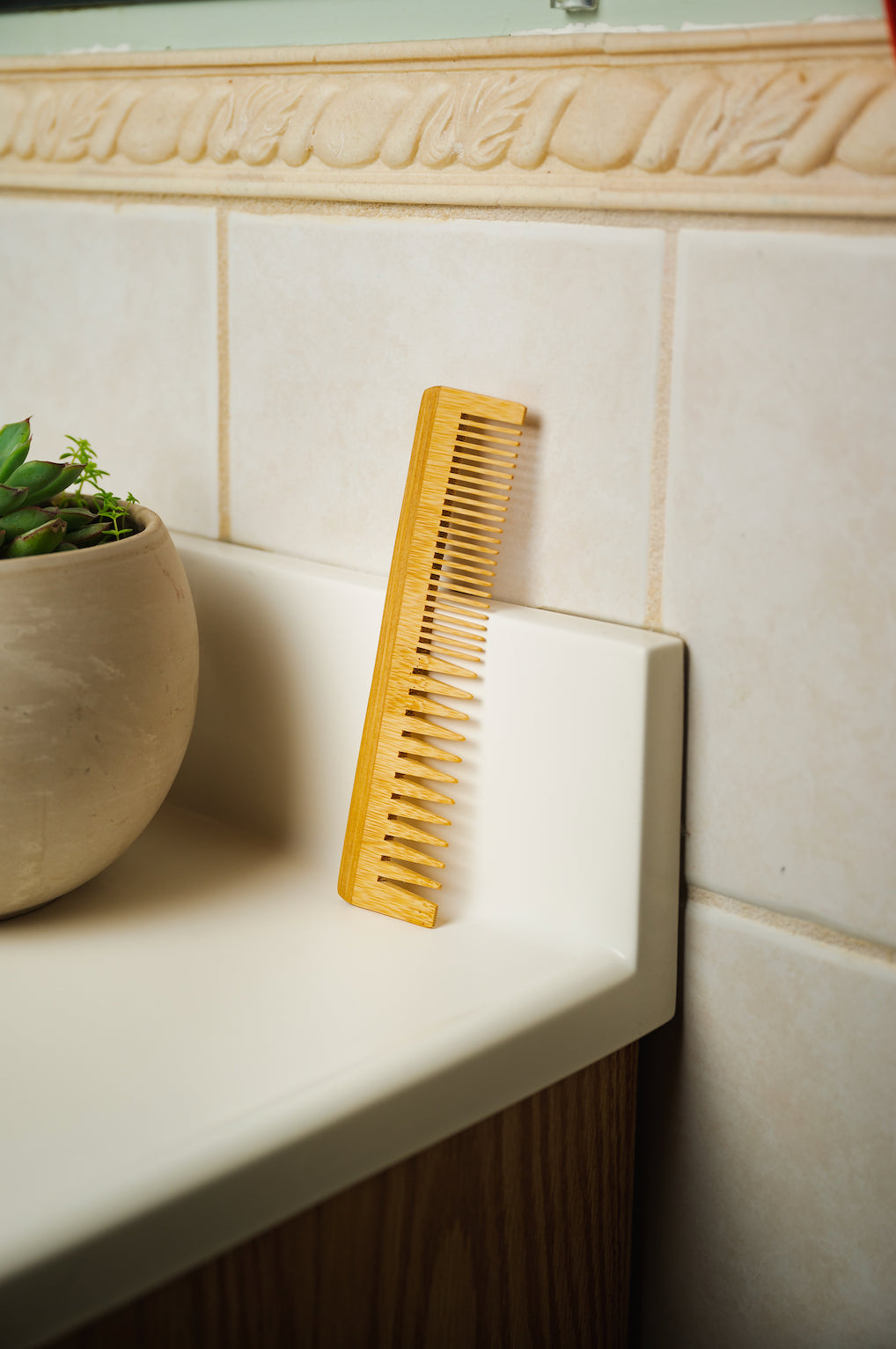 Bamboo Switch Bamboo Dual Comb - bamboo comb standing in bathroom