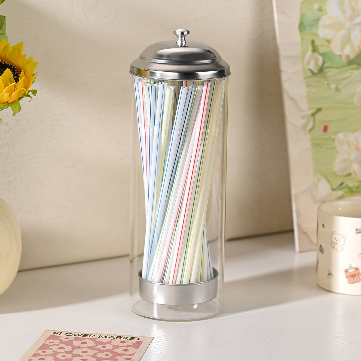 Fox Run Glass Straw Holder with Stainless Steel Lid & Lifter